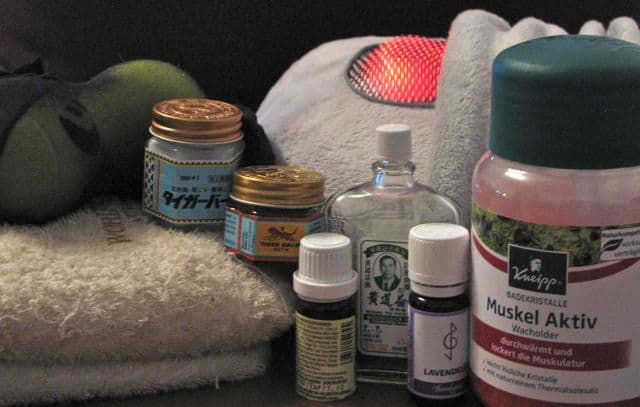 Massage cushion, home-made tennis ball massage device, heat pack, menthol rubs, relaxing essential oils and bath salts with wintergreen - to combat sciatica.
