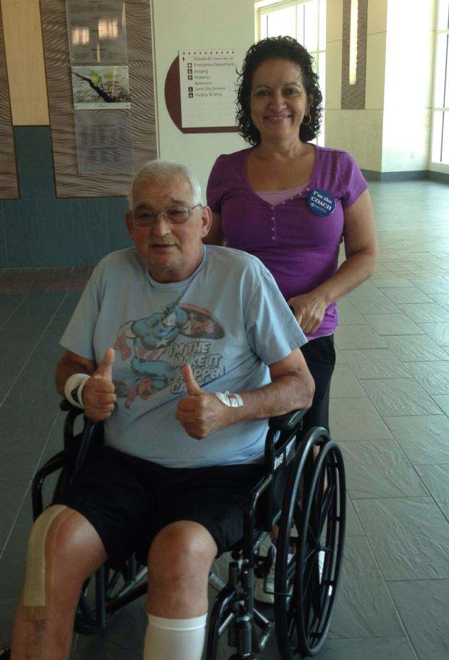 We were sprung from the hospital 48 hours after Total Knee Replacement. I wore my "I'm The Coach" button proudly.