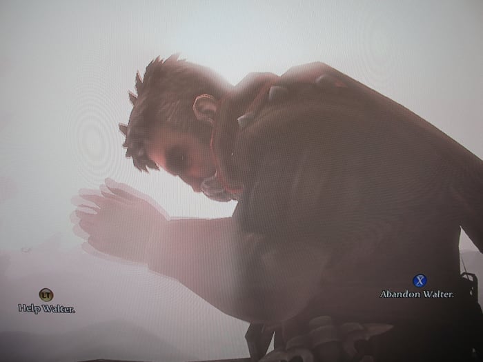 An example of a moral dilemma in "Fable III." You can choose to help or abandon your injured and blinded friend.