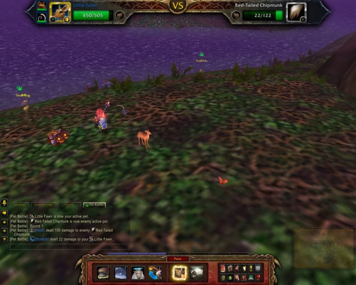 The Pet Battle UI shows your pet's skills, as well as stats and the Trap ability.