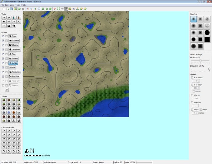 I used a small, round brush to apply a jungle layer to this strand of grassland.