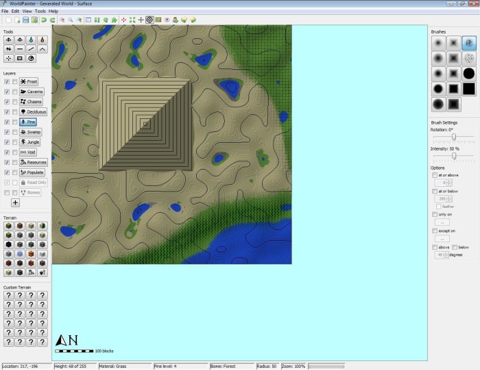 Using the cracks brush will speckle terrain on your map as opposed to a solid brush.