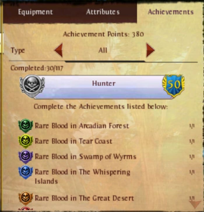 This is a part of the Hunter Achievement list. There is more; this is just an example for Rare Blood.