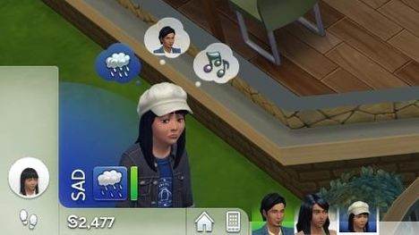 A look at a Sim's whims. This sad Sim has a whim to...well, I'm not too sure. Maybe stand under a rain cloud?
