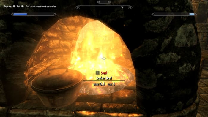 The fire in the Inn is now warming me. You can see my Frostfall Weathersense meter is telling me I am warm.