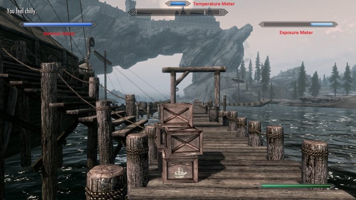 Frostfall mod in action, showing how Weathersense shows the current condition of my character.