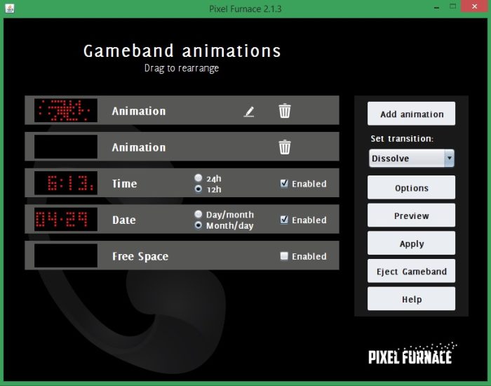 PixelFurnace allows you to completely customize your Gameband's functionality.