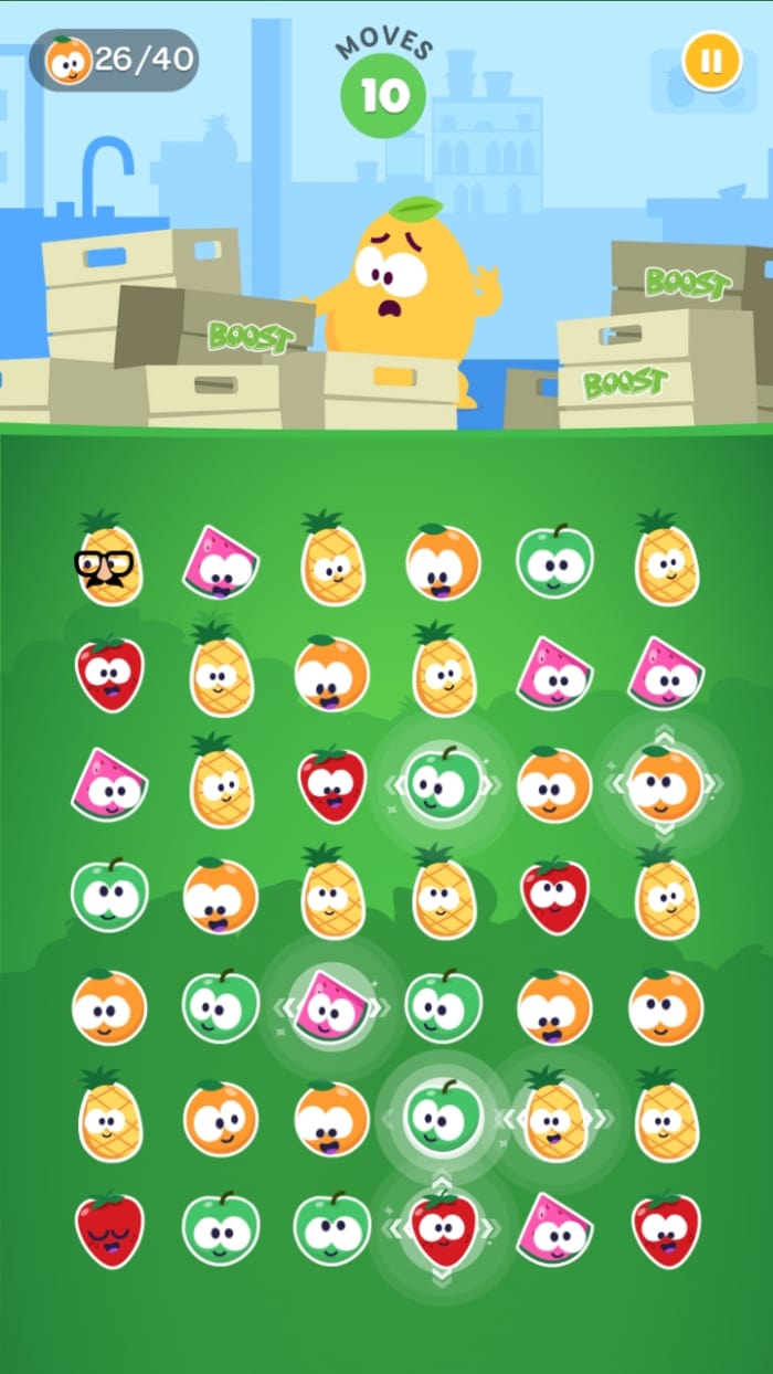 A sharp eye can pick out the arrows that indicate which line will be cleared by the super fruit.
