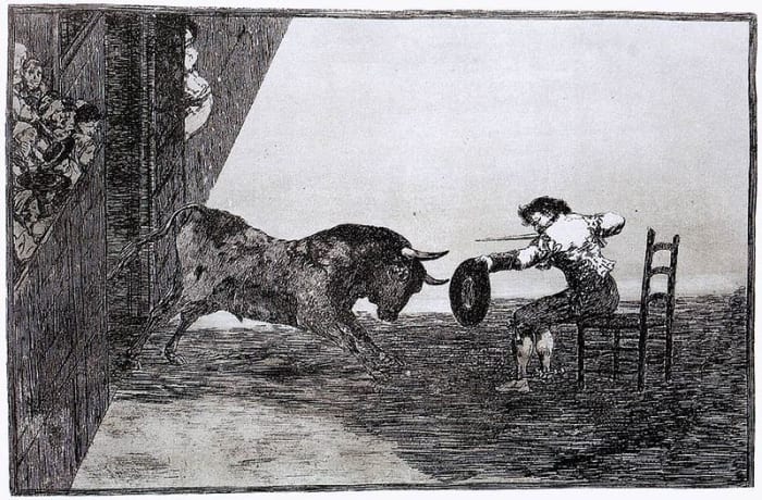 Goya, "The Bravery of Martincho in the Ring of Saragassa (Tauromaquia 18)," 1815-1816. Etching and aquatint. 245 x 355 mm. Image courtesy of Wiki Commons.