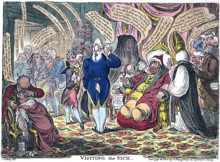 A highly collectible, hand-coloured political cartoon, "Visiting the Sick" by James Gillray, 1806. Image courtesy of Wiki Commons.