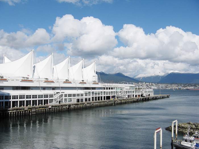 Architecture and design can provide ideas for writing topics. The five giant sails in the photo are located on the Canada Place pier in downtown Vancouver.