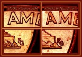 This shows you the difference between a close AM penny and a wide AM. This is for pennies from the years 1992, 1993, 1998, 1999, and the 2000. Beginning in 1993, all pennies changed from the wide AM design to the close AM design.