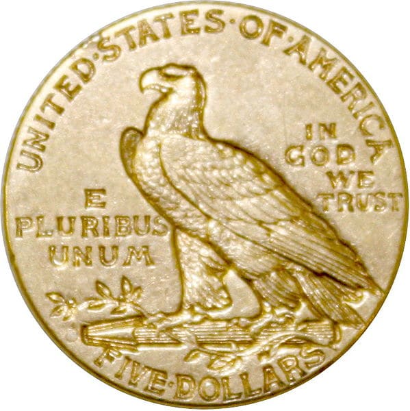 The front and rear of Bela Lyon Pratt's 1908 design for the Indian Head Half Eagle.