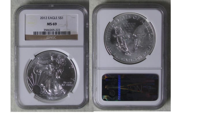 Example of a professionally graded and encapsulated American Silver Eagle. The grade is MS69, which is one point short of a perfect coin or MS70.