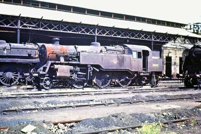 Nine Elms depot, London SW8, down the road from Waterloo Station in,London SE1, with Robert Riddles' BR Standard class 4 2-6-4 tank 80012 (based on LMS Fairburn 2-6-4)