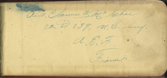 Inside cover of a pocket diary from World War I. This gives the name and the military unit that the person served in. Those are valuable clues to start your search for information of the writer. This is my grandfather's and is not for sale.
