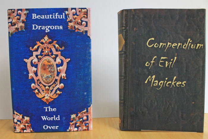 Here are a couple of old hardback books turned into wizarding books using the printable covers from this article.