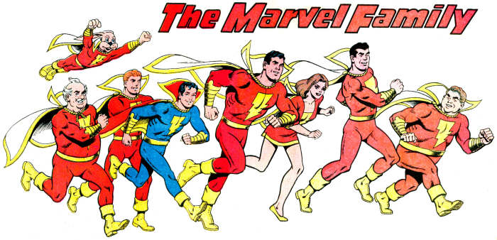 The Marvel Family: left to right: Hoppy, the Marvel Bunny, Uncle Marvel, Hillbilly Marvel, Captain Marvel, Jr., Captain Marvel, Mary Marvel, Tall Marvel, and Fat Marvel