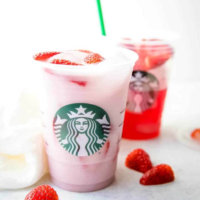 In 2016, the Starbucks pink drink was a popular alternative to the coffee menu. The pink drink is made from coconut milk that is combined with accents of passion fruit and acai berries, and topped with a scoop of strawberries.