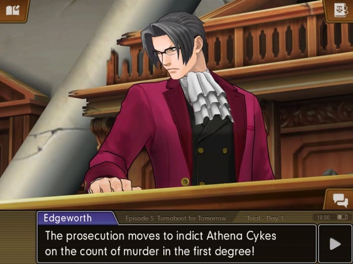 Miles Edgeworth, as prosecutor, is one of the interlocutors in courtroom debate.