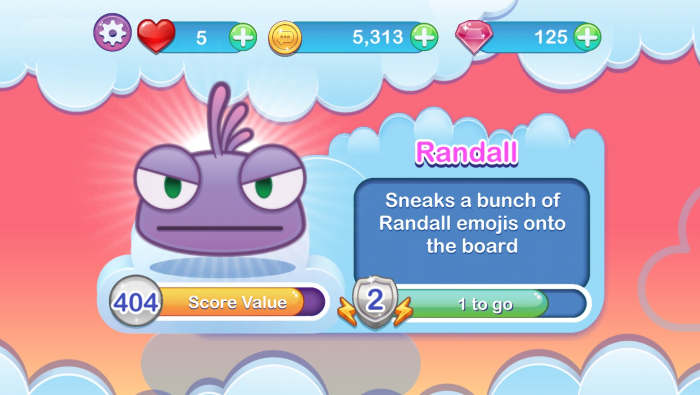 My favorite emoji champion is the unassuming Randall. His point value is high, his power makes it easier to get Rainbow Stars and Sunshines, and he seems to go into powerup mode quickly.