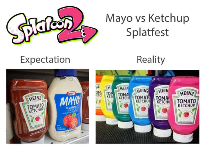 A meme I made during the first Splatoon 2 Splatfest, Mayo vs Ketchup, referencing the fact that most matches were Ketchup vs Ketchup because there weren't enough players on team Mayo.