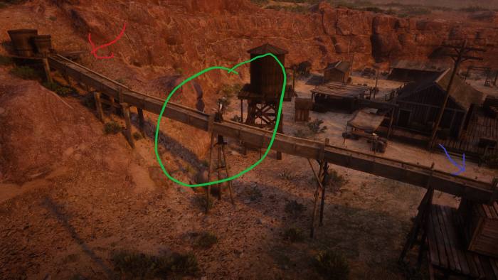 If you like precision parkour follow the red arrow. If you like climbing take the blue arrow. Either way the green circle is where the map is in the not-so-perfect green circle.