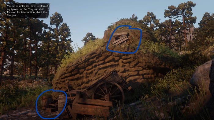 The blue circle above shows where you can find the next treasure map. The blue circle below is where you can find the Poisonous Arrow Pamphlet.