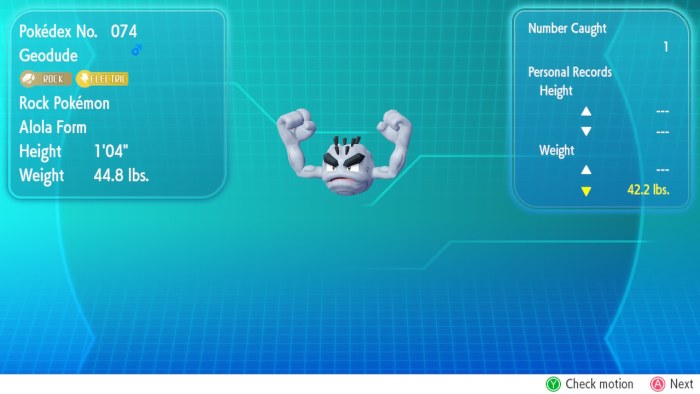 Alolan Geodude, obtained by trading a Kanto Geodude to an NPC.