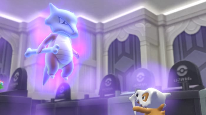 The ghostly Marowak and her orphaned Cubone, as they appear in Pokémon Tower in the gen 1 remake, "Pokemon: Let's Go, Eevee/Pikachu."