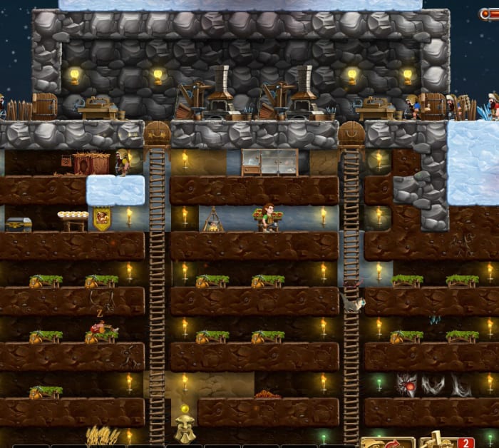 ...and here's an example of a rudimentary shelter I built in the second world. As you can see, the dwarves live below ground (notice the totem at the bottom of the screen) and craft above ground, for quick/easy access back to the stockpile.