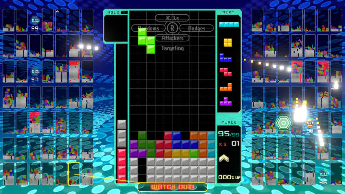 "Tetris 99" is an exciting battle-royale spin on a classic puzzle game. There is one opponent about to attack.