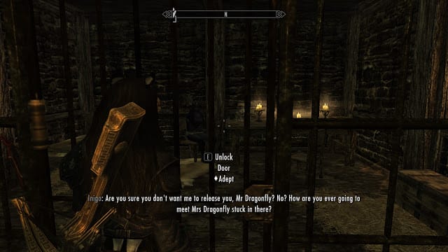 My screenshot of my khajiit thief approaching Inigo in his cell for the first time. (This was taken from my old blog.)