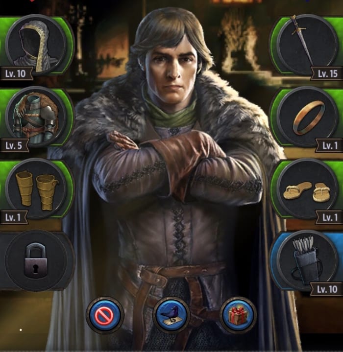 This is what you'll see when you click a player's banner. Gear they've crafted surrounds the avatar. The raven button to send them a direct message is at the bottom-middle of the screen.