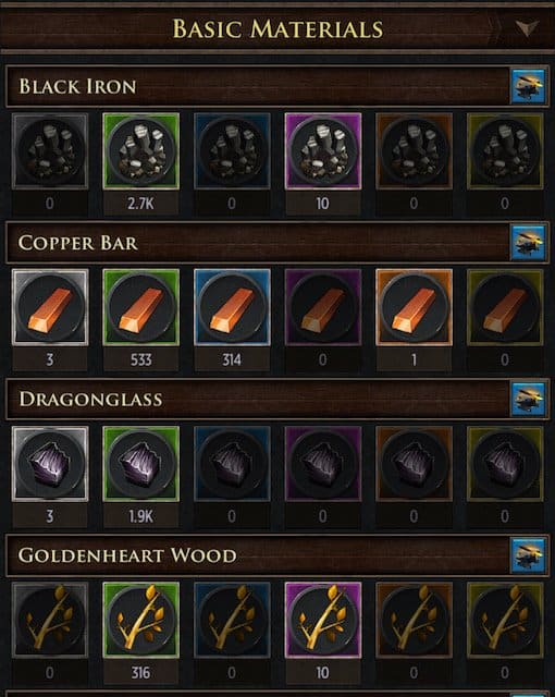 This is what you'll see when you open the "Materials" screen from your Smithy. Quality levels are as follows: gray (poor), green (common), blue (fine), purple (exquisite), orange (epic), yellow (legendary).
