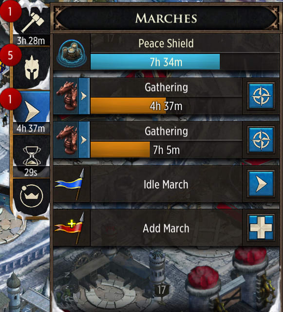 Opening up the "Marches" sidebar shows you how much time is left on your peace shield. During this time, your city cannot be attacked. Share your peace shield with others by having them reinforce you as your city is shielded.