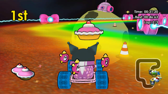 Kuromi throwing a pie while being slowed down by the slow timer. The traffic cones will cause her to spin out if she hits them.