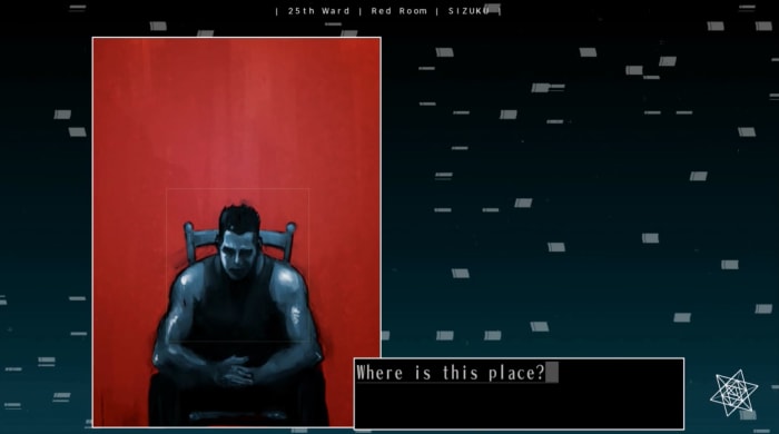 Tokio Morishima reflects on his current location. The 25th Ward occasionally shifts from 3-D rendered backgrounds to still images while also retaining its signature black text-box format.