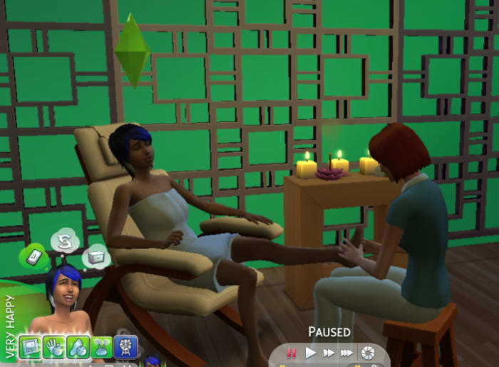 She's still mourning, but the sad moodlet has been overtaken by all the happy moodlets her spa visit gave her.