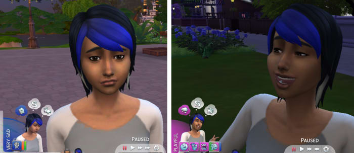 All she did was grab a bite and chat with a playful Sim for a little while. The positive moodlets now outweigh the one negative moodlet.