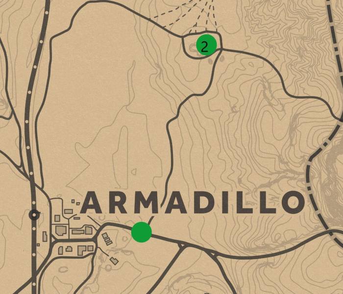 The lower green dot is the sign post leading to Armadillo. Hanging Rock is represented by the upper green dot.