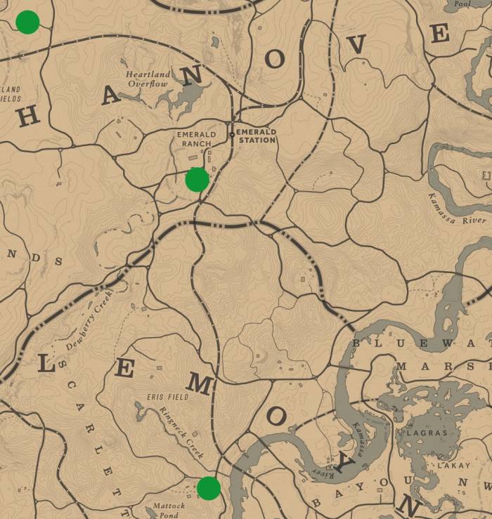 The green dots are locations where you can find Cows. If you don't find any in the northern most dot ride south to the other two.