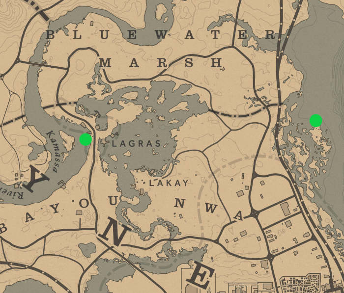 These two green dots represent the two best locations for Channel Catfish. Use a Special Swamp Lure if you have one, they work best.
