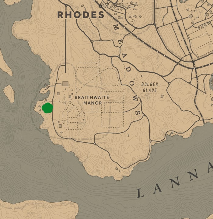 The green dot of the Braithwaite Manor chicken coop. You can also find a rooster at the farm in Emerald Ranch.
