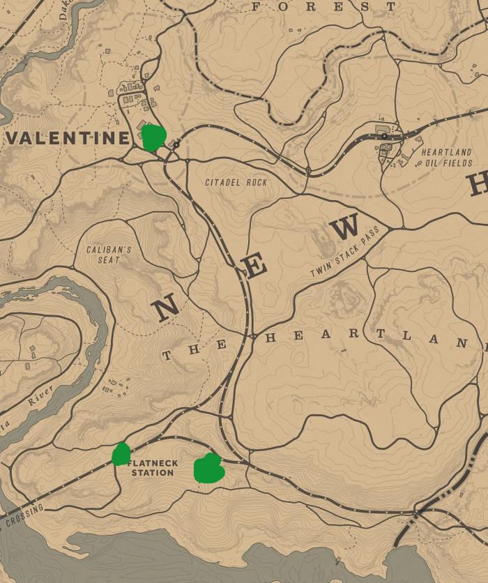 These green dots/smudges represent the three places you can find Pigs. However the far left, lower, spot at Flatneck Station where you have the best chance of finding them. The lower right is Emmet Granger's farm from "Story".
