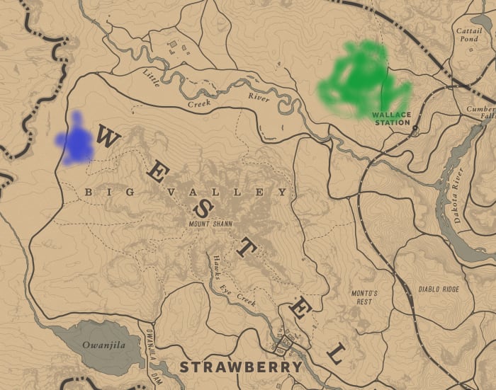 Green section is where you can find a Grizzly. The blue is where you can find Black Bears. Though I would say leave the Black Bears alone. I'm not a liberal it's just it seems unfair shooting something that's running away . . . you know?