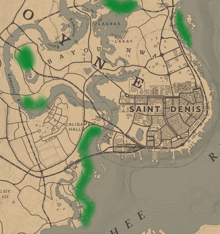Egrets are primarily found in Lemoyne. These are all areas where you're likely to find one. Just keep in mind they're much rarer in "Online" than they are in "Single Player."