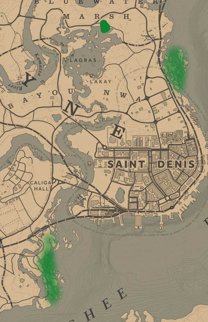 The green dot is a good place to look for Whooping Cranes (if the server you're in is almost perfect). The green highlighted areas are other places to check too.