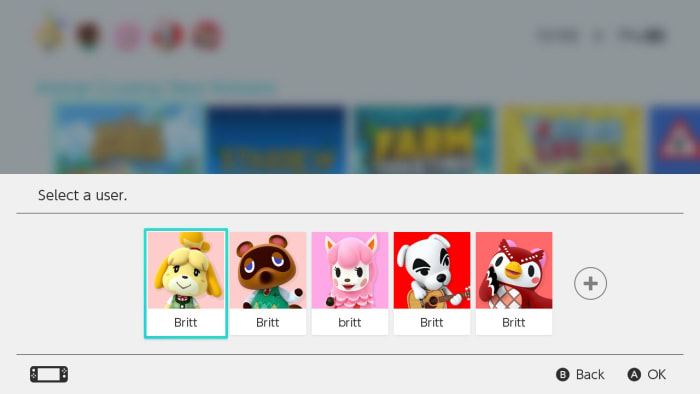 Here's a look at my Nintendo Switch screen with my five characters I play with, all "creatively" named after myself.