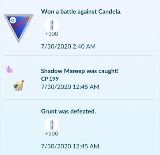 In-game journal entries depicting the stardust rewards from beating a Team Leader and a Rocket Grunt.